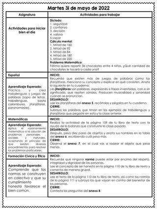 Martes 31 de mayo de 2022
Asignatura Actividades para trabajar
Actividades para iniciar
bien el día
Dictado:
1. seguridad
2. confianza
3. decisión
4. valioso
5.vapor
Cálculo mental:
1. Mitad de 160
2. Mitad de 92
3. Mitad de 84
4. Mitad de 180
5. Mitad de 220
Problema Matemático:
Fátima quiere repartir 36 chocolates entre 4 niños. ¿Qué cantidad de
chocolates le tocará a cada uno?
Español INICIO:
Recuerda que existen más de juegos de palabras como las
jitanjáforas, menciona su concepto y explicar en qué consisten. Anota
lo siguiente en tu cuaderno:
Las jitanjáforas son palabras, expresiones o frases inventadas, con o sin
significado, que repiten sonidos. Producen musicalidad y sonoridad
cuando se pronuncian.
DESARROLLO:
Lee las jitanjáforas del anexo 5, recórtalas y pégalas en tu cuaderno.
CIERRE:
Subraya las palabras que riman en los ejemplos de trabalenguas y
jitanjáforas que pegaste en esta y la clase anterior.
Aprendizaje Esperado:
Practica y crea
trabalenguas y juegos de
palabras (sopa de letras,
trabalenguas, basta
calambures, jitanjáforas,
paranomasias).
Matemáticas INICIO:
Realiza la actividad de la página 159 de tu libro de texto con la
ayuda de la balanza que construiste la clase pasada.
DESARROLLO:
Después, pesa diez pares de objetos y anota sus nombres en la tabla
del anexo 6, escribiendo cuál pesa más.
CIERRE:
Observa el anexo 7, en el cual vas a rodear el objeto que pesa
menos.
Aprendizaje Esperado:
Aplica el razonamiento
matemático a la solución de
problemas personales ,
sociales y naturales,
aceptando el principio de
que existen diversos
procedimientos para resolver
los problemas particulares.
Formación Cívica y Ética INICIO:
Recuerda que ninguna norma puede estar por encima del respeto,
integridad y dignidad de las personas.
Lee el concepto de ser honesto en la página 110 de tu libro de texto y
comenta de manera grupal.
DESARROLLO:
Lee el texto de la página 110 de tu libro de texto, así como las normas
de la página 111 y subraya las que vayan en contra del bienestar de
las personas.
CIERRE:
Contesta las preguntas del anexo 8.
Aprendizaje Esperado:
Comprende que las
normas se construyen
en colectivo y que su
cumplimiento
honesto favorece el
bien común.
 