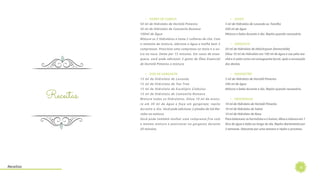 26
Receitas
Receitas
•  DORES DE CABEÇA
50 ml de Hidrolato de Hortelã Pimenta
50 ml de Hidrolato de Camomila Romana
100ml de Água
Misture os 2 Hidrolatos e tome 2 colheres de chá. Com
o restante da mistura, adicione a água e molhe bem 2
compressas. Posicione uma compressa na testa e a ou-
tra na nuca. Deixe por 15 minutos. Em casos de enxa-
queca, você pode adicionar 2 gotas de Óleo Essencial
de Hortelã Pimenta a mistura.
•  DOR DE GARGANTA
15 ml de Hidrolato de Lavanda
15 ml de Hidrolato de Tea Tree
15 ml de Hidrolato de Eucalipto Globulus
15 ml de Hidrolato de Camomila Romana
Misture todos os Hidrolatos. Dilua 10 ml da mistu-
ra em 30 ml de água e faça um gargarejo; repita
durante o dia. Você pode adicionar 2 pitadas de Sal Ma-
rinho na mistura.
Você pode também molhar uma compressa fria com
a mesma mistura e posicionar na garganta durante
20 minutos.
•  GASES
5 ml de Hidrolato de Lavanda ou Tomilho
200 ml de água
Misture e beba durante o dia. Repita quando necessário.
•  GENGIVITE
20 ml de Hidrolato de Helichrysum (Immortelle)
Dilua 10 ml do Hidrolato em 100 ml de água e use pela ma-
nhã e à noite como um enxaguante bucal, após a escovação
dos dentes.
•  INDIGESTÃO
5 ml de Hidrolato de Hortelã Pimenta
200 ml de água
Misture e beba durante o dia. Repita quando necessário.
•  MENOPAUSA
10 ml de Hidrolato de Hortelã Pimenta
10 ml de Hidrolato de Salvia
10 ml de Hidrolato de Rosa
Para balancear os hormônios e o humor, dilua a mistura em 1
litro de água e beba ao longo do dia. Repita diariamente por
3 semanas. Descanse por uma semana e repita o processo.
 