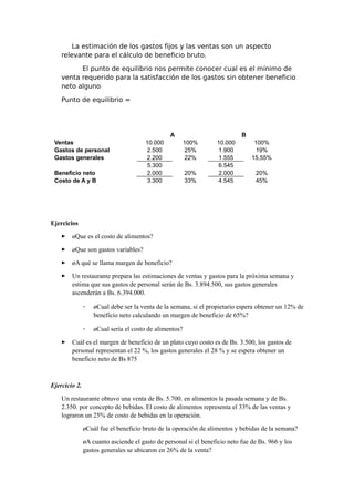 La estimación de los gastos fijos y las ventas son un aspecto
relevante para el cálculo de beneficio bruto.
El punto de equilibrio nos permite conocer cual es el mínimo de
venta requerido para la satisfacción de los gastos sin obtener beneficio
neto alguno
Punto de equilibrio =
A B
Ventas 10.000 100% 10.000 100%
Gastos de personal 2.500 25% 1.900 19%
Gastos generales 2.200 22% 1.555 15,55%
5.300 6.545
Beneficio neto 2.000 20% 2.000 20%
Costo de A y B 3.300 33% 4.545 45%
Ejercicios
 ¿Que es el costo de alimentos?
 ¿Que son gastos variables?
 ¿A qué se llama margen de beneficio?
 Un restaurante prepara las estimaciones de ventas y gastos para la próxima semana y
estima que sus gastos de personal serán de Bs. 3.894.500, sus gastos generales
ascenderán a Bs. 6.394.000.
◦ ¿Cual debe ser la venta de la semana, si el propietario espera obtener un 12% de
beneficio neto calculando un margen de beneficio de 65%?
◦ ¿Cual sería el costo de alimentos?
 Cuál es el margen de beneficio de un plato cuyo costo es de Bs. 3.500, los gastos de
personal representan el 22 %, los gastos generales el 28 % y se espera obtener un
beneficio neto de Bs 875
Ejercicio 2.
Un restaurante obtuvo una venta de Bs. 5.700. en alimentos la pasada semana y de Bs.
2.350. por concepto de bebidas. El costo de alimentos representa el 33% de las ventas y
lograron un 25% de costo de bebidas en la operación.
¿Cuál fue el beneficio bruto de la operación de alimentos y bebidas de la semana?
¿A cuanto asciende el gasto de personal si el beneficio neto fue de Bs. 966 y los
gastos generales se ubicaron en 26% de la venta?
 