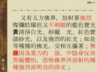 　　　 又有五方佛界，放射著 強烈 燦爛眩耀但又 不刺眼 的藍色寶光、清淨白光、妙麗黃光、紅色寶燄妙光，以及強烈的紅光；如是等種種的佛光，交相互攝著； 無奈因為業力的緣故，中陰身反而畏縮懼怕，恐怖佛界所放射的種種強烈而明亮的淨光 ；  第 ２ 頁 參照  P5  
