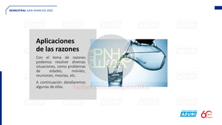 Aplicaciones
de las razones
Con el tema de razones
podemos resolver diversas
situaciones, como problemas
de edades, móviles,
reuniones, mezclas, etc.
A continuación detallaremos
algunas de ellas.
 