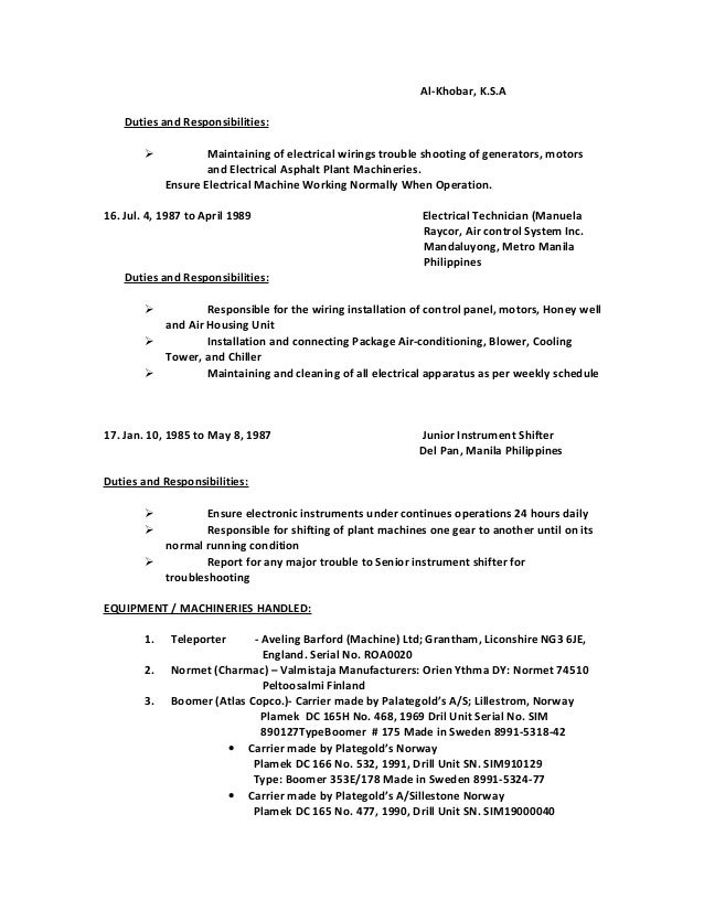 Instrument and electrical technician resume