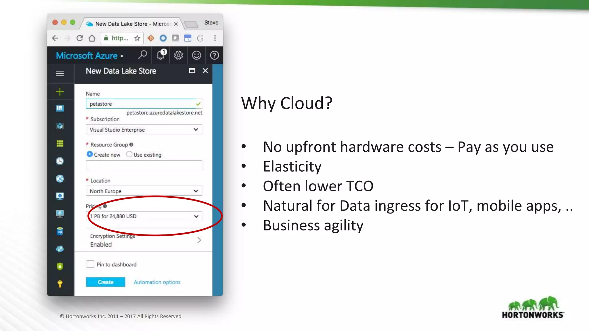 © Hortonworks Inc. 2011 – 2017 All Rights Reserved
Why Cloud?
• No upfront hardware costs – Pay as you use
• Elasticity
• Often lower TCO
• Natural for Data ingress for IoT, mobile apps, ..
• Business agility
 