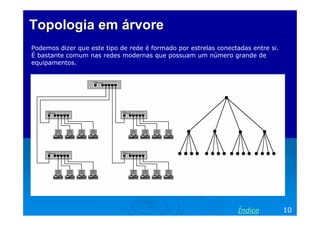 Topologia em árvore
Podemos dizer que este tipo de rede é formado por estrelas conectadas entre si.
É bastante comum nas redes modernas que possuam um número grande de
equipamentos.




                                                                  Índice          10
 