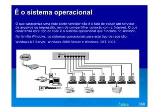 É o sistema operacional
O que caracteriza uma rede cliete-servidor não é o fato de existir um servidor
de arquivos ou impressão, nem de compartilhar conexão com a Internet. O que
caracteriza este tipo de rede é o sistema operacional que funciona no servidor.
Na família Windows, os sistemas operacionais para este tipo de rede são:
Windows NT Server, Windows 2000 Server e Windows .NET 2003.




                                                                  Índice          368
 