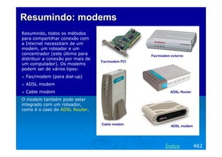 Resumindo: modems
Resumindo, todos os métodos
para compartilhar conexão com
a Internet necessitam de um
modem, um roteador e um
concentrador (este último para
distribuir a conexão por mais de
um computador). Os modems
podem ser de vários tipos:
 Fax/modem (para dial-up)
 ADSL modem
 Cable modem
O modem também pode estar
integrado com um roteador,
como é o caso do ADSL Router.




                                   Índice   462
 