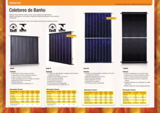 PRODUTOS                                                                                                                                                                                                                                      A Pro-Sol reserva-se ao direito de alterar as especificações dos seus produtos sem prévio aviso.




Coletores de Banho
Utilizando-se das melhores matérias-primas, nossos coletores são desenvolvidos,
testados e aprovados por uma equipe de engenheiros altamente qualificados e pelos labotórios
certificadores.                                                                                                                                                                                                              LANÇAMENTO
Possuindo um alto desempenho térmico, são indicados para todo tipo de aplicação de banho.




                                                                                                                                        LANÇAMENTO




 SMART                                                                          BLUE Si                                                                          BLUE SM                                                                                          7 MARES

 Atributos:                                                                     Atributos:                                                                       Atributos:                                                                                       Atributos:
   • Serpentina em cobre e aleta em alumínio;                                     • 7 Aletas com solda ultrassom revestidas com Eta Plus de 	                      • 8 Aletas com solda ultrassom revestidas com Eta Plus 	                                         • Tubos em polipropileno com material virgem;
   • Caixa externa em perfil extrudado de alumínio;                               	 acabamento cerâmico;                                                           	 de acabamento cerâmico;                                                                        • Caixa externa em perfil extrudado de alumínio;
   • Tubos e aletas com solda ultrassom;                                          • Isolamento das placas em Lã de Pet;                                            • Isolamento das placas em Lã de Pet;                                                            • Tubos e ponteiras soldadas por termofusão;
   • Vidro com espessura de 3mm e fixado com silicone;                            • Perfil de alumínio extrudado;                                                  • Perfil de alumínio extrudado;                                                                  • Vidro com espessura de 3mm e fixado com 		
   • Isolamento em lã de Pet com feltro;                                          • Vidro transparente de 3 mm;                                                    • Vidro transparente de 3 mm;
                                                                                                                                                                                                                                                                    	 silicone;
   • Pintura preto fosco;                                                         • Acabamento com silicone;                                                       • Acabamento com silicone;
                                                                                                                                                                   • Vent plug para evitar condensação.                                                             • Ligações hidráulicas com mangueira ou conexão 		
   • Eficiência térmica de 65,4kWh/mês* m2                                        • Vent plug para evitar condensação;
                                                                                  • Eficiência térmica de 74,8kWh/mês* m2.                                                                                                                                          	 PPR 32mm;
                                                                                                                                                                                                                                                                    • Melhor solução para locais de águas agressivas.

Informações Técnicas                                                            Informações Técnicas                                                             Informações Técnicas                                                                             Informações Técnicas
                                            1,61m2      2,01m2      2,01m2                                                   1,61m2      2,01m2      2,01m2
 Coletor Solar SMART         1m vertical
                                2
                                                                                 Coletor Solar BLUE Si       1m2 vertical                                                                                 1,61m  2
                                                                                                                                                                                                                      2,01m  2
                                                                                                                                                                                                                                  2,01m 2
                                            vertical    vertical   Horizontal                                                vertical    vertical   Horizontal    Coletor Solar BLUE SM   1m2 vertical                                                             Coletor Solar 7 MARES      1,4m2 vertical      1,8m2 vertical
 Largura (mm)                  1000          1000        1000        2010        Largura (mm)                   1000          1000        1000        2010                                                vertical    vertical   Horizontal
 Comp. (mm)                    1000          1610        2010        1000        Comp. (mm)                     1000          1610        2010        1000        Largura (mm)               1000          1000        1000        2010                            Largura (mm)                    953                953
 Ent. / Saída                  ø22,0         ø22,0       ø22,0       ø22,0       Ent. / Saída                   ø22,0         ø22,0       ø22,0       ø22,0       Comp. (mm)                 1000          1610        2010        1000                            Comp. (mm)                     1464               1967
 Peso cheio (Kg)               13,30         21,10       26,10       26,60       Peso cheio (Kg)                14,70         23,10       28,50       29,00       Ent. / Saída               ø22,0         ø22,0       ø22,0       ø22,0                           Ent. / Saída                   ø32,0              ø32,0
 Peso vazio (Kg)               12,10         19,60       25,00       25,50       Peso vazio (Kg)                13,50         21,60       27,00       27,50       Peso cheio (Kg)            14,90         23,30       28,70       29,20                           Peso cheio (Kg)                22,39              27,7
 Peso c/ emb. (Kg)             12,60         20,00       25,40       25,90       Peso c/ emb. (Kg)              13,50         21,60       27,00       27,50       Peso vazio (Kg)            13,70         21,80       27,20       27,70                           Peso vazio (Kg)                17,50              23,00
                             1100x1100     1100x1710   1100x2110   1100x2110                                  1100x1100     1100x1710   1100x2110   1100x2110     Peso c/ emb. (Kg)          14,10         22,20       27,60       28,10                           Peso c/ emb. (Kg)              18,00              23,50
 Dimensão c/ emb.(mm)          x125          x125        x125         x125
                                                                                 Dimensão c/ emb.(mm)            x125          x125        x125        x125                                1100x1100     1100x1710   1100x2110   1100x2110
                                                                                                                                                                  Dimensão c/ emb.(mm)       x125          x125        x125        x125
                                                                                                                                                                                                                                                                   Dimensão c/ emb.(mm)       1053x1564x155      1053x2067x155
 Produção mensal de enegia                                                       Produção mensal de enegia
                                    65,4     105,2       131,4       131,4                                       74,8         120,4       150,3       150,3
 por coletor (kWh/mês)                                                           por coletor (kWh/mês)
 