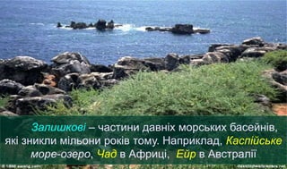 Залишкові – частини давніх морських басейнів,
які зникли мільони років тому. Наприклад, Каспійське
море-озеро, Чад в Африці, Ейр в Австралії
 
