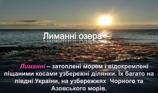 Лиманні – затоплені морем і відокремлені
піщаними косами узбережні ділянки. Їх багато на
півдні України, на узбережжях Чорного та
Азовського морів.
 