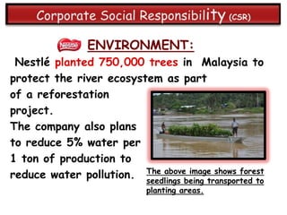 ENVIRONMENT:
 Nestlé planted 750,000 trees in Malaysia to
protect the river ecosystem as part
of a reforestation
project.
The company also plans
to reduce 5% water per
1 ton of production to
reduce water pollution. The abovebeing transported to
                         seedlings
                                   image shows forest

                            planting areas.
 