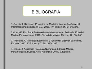 24
BB
BIBLIOGRAFÍA
1.-Dennis, l. Harrinson Principios de Medicina Interna. McGraw-Hill
Interamericana de España S.L., 2008. 17° edición. (17)2: 345-378.
2.- Larry K. Red Book Enfermedades Infecciosas en Pediatría. Editorial
Medica Panamericana, 2011. Ciudad de México. México. 12: 224-245.
3.- Robbins, A. Patología Estructural y Funcional. Elsevier Barcelona,
España. 2010. 8° Edición. (17) 28:1330-1343.
4.- Rosai, J. Ackerman Patología Quirúrgica. Editorial Médica
Panamericana, Buenos Aires, Argentina. 2017. X Edición.
 