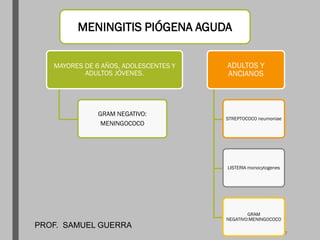 MENINGITIS PIÓGENA AGUDA
MAYORES DE 6 AÑOS, ADOLESCENTES Y
ADULTOS JÓVENES.
GRAM NEGATIVO:
MENINGOCOCO
ADULTOS Y
ANCIANOS
STREPTOCOCO neumoniae
LISTERIA monocytogenes
GRAM
NEGATIVO:MENINGOCOCO
PROF. SAMUEL GUERRA
7
 