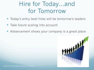 Hire for Today…and
for Tomorrow
—  Today’s entry level hires will be tomorrow’s leaders
—  Take future scaling into account
—  Advancement shows your company is a great place
Morris G. Porter Sales Hacker 3.19.2015
 