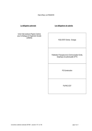 Fait à Paris, le 27/04/2016
La délégation patronale Les délégations de salariés
Union Inter-secteurs Papiers Cartons
pour ...