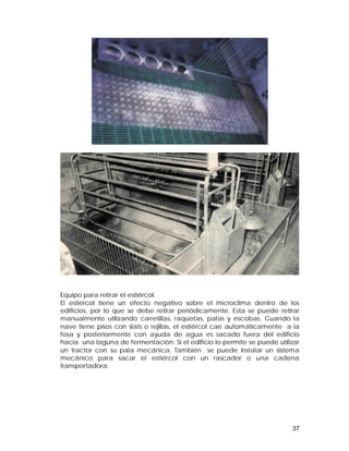 Equipo para retirar el estiércol. 
El estiércol tiene un efecto negativo sobre el microclima dentro de los 
edificios, por lo que se debe retirar periódicamente. Esta se puede retirar 
manualmente utilizando carretillas, raquetas, palas y escobas. Cuando la 
nave tiene pisos con slats o rejillas, el estiércol cae automáticamente a la 
fosa y posteriormente con ayuda de agua es sacado fuera del edificio 
hacia una laguna de fermentación. Si el edificio lo permite se puede utilizar 
un tractor con su pala mecánica. También se puede instalar un sistema 
mecánico para sacar el estiércol con un rascador o una cadena 
transportadora. 
37 
 