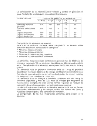 La composición de las raciones para verracos y cerdas en gestación es 
igual. Por lo tanto, se distinguen cinco diferentes raciones: 
Tipos de raciones Composición por kg de MS de la ración 
41 
ED (kcal) PD (g) FC (g) Ca 
(g) 
P (g) 
Verracos y marranas 
gestantes 
Marranas en lactancia 
y cría 
Engorda-iniciación 
Engorda-crecimiento 
Engorda-finalización 
3125 
3185 
3450 
3265 
3150 
127 
160 
200 
150 
125 
100 
75 
40 
60 
60 
7.5 
9.5 
9.0 
8.0 
8.0 
5.5 
7.0 
7.0 
6.0 
6.0 
Composición de alimentos para cerdos 
Para elaborar raciones con una cierta composición, se mezclan varios 
alimentos disponibles. Al respecto se distinguen: 
² Alimentos ricos en energía 
² Alimentos ricos en proteínas 
² Alimentos ricos en energía y proteínas 
² Alimentos ricos en vitaminas y minerales 
Los alimentos ricos en energía contienen en general más de 3200 kcal de 
energía y menos de 130 de proteínas digestibles por kilogramo de materia 
seca. Ejemplos de estos alimentos son algunos tubérculos, raíces, frutas y 
granos. 
Los alimentos ricos en proteínas contienen más de 130 g de proteínas 
digestibles y menos de 3200 kcal de energía por kilogramo de materia seca. 
Ejemplos de estos alimentos son las harinas de algodón, de carne y huesos y 
de sangre así como residuos de cervecería. 
Los alimentos ricos en energía y proteínas contienen más de 130 g de 
proteínas digestibles y más de 3200 kcal de energía por kilogramo de 
materia seca. Ejemplos de estos son las harinas y pastas de residuos de 
extracción de aceites vegetales y las harinas de origen animal. 
Los alimentos ricos en vitaminas y minerales son en particular los forrajes 
desecados artificialmente y los forrajes verdes. Las harinas de carne y 
huesos se conocen por su alto contenido de minerales. 
La composición de los más importantes alimentos para cerdos es la 
siguiente: 
 