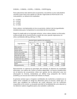 0.0024X1 + 0.0065X2 + 0.029X3 + 0.0022X4 = 0.0078 Kg/kg 
Para solucionar este sistema de ecuaciones, recurrimos a una calculadora 
científica que hará más rápido el cálculo. Ingresado la información a la 
calculadora, se obtiene los resultados: 
X1 = 0.5592 
X2 = 0.0167 
X3 = 0.2095 
X4 = 0.1246 
Estos valores, reemplazados en las ecuaciones, deben dar las igualdades 
establecidas para comprobar la veracidad de los resultados. 
Según lo explicado en el ejemplo anterior, estos valores deben ser llevados 
a porcentaje de la mezcla final y a partir de esta, puede expresarse en 
otras cantidades (80 kg, 600 kg, 2.5 TM). 
49 
Ración final y aporte de nutrientes 
Nutrientes 
Ingredientes Mezcla 
% EM 
Mcal/kg 
PC 
% 
Lis 
% 
Ca 
% 
F.disp. 
% 
Maíz grano 55.92 1.85 4.92 0.13 0.011 0.056 
Pasta soya 20.95 0.59 9.43 0.61 0.061 0.057 
Sorgo grano 12.46 0.39 1.12 0.03 0.002 0.001 
Harina de pescado 3.50 0.09 2.28 0.17 0.130 0.085 
Grasa pescado 3.50 0.29 -- -- -- -- 
Salvado de trigo 1.67 0.04 0.25 0.01 0.002 0.004 
Fosfato dicálcico 1.00 -- -- -- 0.210 0.160 
Carbonato de calcio 0.70 -- -- -- 0.280 -- 
Premezcla vitaminas 
y minerales 0.30 -- -- -- -- -- 
Total 100.00 3.25 18.00 0.95 0.696 0.363 
Requerimiento 100.00 3.25 18.00 0.95 0.700 0.320 
Nuevamente se aprecia la precisión del método al obtener los resultados 
deseados. Los valores de Calcio y Fósforo disponible, no fueron establecidos 
en el sistema de ecuaciones, estos son aporte de los alimentos una vez 
efectuado la mezcla, teniéndose un déficit muy pequeño de Calcio 
(0.004%) y un exceso de 0.043% de Fósforo no fitado. 
Es preciso aclarar que a mayores cantidades de nutrientes a balancear se 
debe tener cuidado en elegir los alimentos para la mezcla; dado que, se 
tiene que equilibrar los nutrientes de cada alimento con los nutrientes 
requeridos en la ración, y así poder percibir la factibilidad de una solución y 
no obtener valores negativos para una variable o alimento. 
 