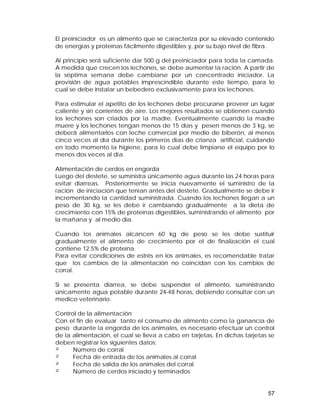 El preiniciador es un alimento que se caracteriza por su elevado contenido 
de energías y proteínas fácilmente digestibles y, por su bajo nivel de fibra. 
Al principio será suficiente dar 500 g del preiniciador para toda la camada. 
A medida que crecen los lechones, se debe aumentar la ración. A partir de 
la séptima semana debe cambiarse por un concentrado iniciador. La 
provisión de agua potables imprescindible durante este tiempo, para lo 
cual se debe instalar un bebedero exclusivamente para los lechones. 
Para estimular el apetito de los lechones debe procurarse proveer un lugar 
caliente y sin corrientes de aire. Los mejores resultados se obtienen cuando 
los lechones son criados por la madre. Eventualmente cuando la madre 
muere y los lechones tengan menos de 15 días y pesen menos de 3 kg, se 
deberá alimentarlos con leche comercial por medio de biberón, al menos 
cinco veces al día durante los primeros días de crianza artificial, cuidando 
en todo momento la higiene, para lo cual debe limpiarse el equipo por lo 
menos dos veces al día. 
Alimentación de cerdos en engorda 
Luego del destete, se suministra únicamente agua durante las 24 horas para 
evitar diarreas. Posteriormente se inicia nuevamente el suministro de la 
ración de iniciación que tenían antes del destete. Gradualmente se debe ir 
incrementando la cantidad suministrada. Cuando los lechones llegan a un 
peso de 30 kg, se les debe ir cambiando gradualmente a la dieta de 
crecimiento con 15% de proteínas digestibles, suministrando el alimento por 
la mañana y al medio día. 
Cuando los animales alcancen 60 kg de peso se les debe sustituir 
gradualmente el alimento de crecimiento por el de finalización el cual 
contiene 12.5% de proteína. 
Para evitar condiciones de estrés en los animales, es recomendable tratar 
que los cambios de la alimentación no coincidan con los cambios de 
corral. 
Si se presenta diarrea, se debe suspender el alimento, suministrando 
únicamente agua potable durante 24-48 horas, debiendo consultar con un 
medico veterinario. 
Control de la alimentación 
Con el fin de evaluar tanto el consumo de alimento como la ganancia de 
peso durante la engorda de los animales, es necesario efectuar un control 
de la alimentación, el cual se lleva a cabo en tarjetas. En dichas tarjetas se 
deben registrar los siguientes datos: 
² Número de corral 
² Fecha de entrada de los animales al corral 
² Fecha de salida de los animales del corral 
² Número de cerdos iniciado y terminados 
57 
 