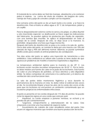 El material de la cama debe ser fácil de manejar, absorbente y no contener 
polvo ni espinas. La cama de viruta de madera, de bagazo de caña, 
rastrojo de maíz y paja de cereales cumple con los requisitos. 
Una semana antes del parto se da un buen baño a la cerda y se hace la 
desinfección. Para el baño se utiliza agua a 35° C de temperatura, jabón y 
un cepillo. 
Para la desparasitación externa contra la sarna y los piojos, se utiliza Asuntol 
u otro insecticida especial. La dosificación se hace según las indicaciones 
del fabricante. Se pueden aplicar los productos por medio de aspersión, 
con una bomba tipo mochila. Se aplica el desparasitador en todo el 
cuerpo de la cerda. Después de esto, se deja secar a la marrana. Es 
preferible desparasitar a la hora que haga menos frío. 
Después del baño de desinfección se pasa a la cerda a la sala de partos. 
Cinco días antes del parto, se cambia la dieta por una mezcla con 10% del 
salvado de trigo y 90% del alimento normal. Además, se puede suministrar 
alfalfa verde para evitarle al animal problemas de constipación. 
Tres días antes del parto se aplica una inyección de terramicina u otro 
antibiótico. Estos antibióticos se utilizan sólo cuando se tiene dudas de que 
aparezcan problemas de mastitis o trastornos respiratorios o digestivos. 
La temperatura ambiental óptima para la marrana es de 29° C. Los 
lechones recién nacidos necesitan temperaturas de 30-35° C. Por lo tanto, 
se debe instalar una fuente de calor en la jaula de los lechones. Esta fuente 
de calor es una lámpara de petróleo, un foco eléctrico u otro dispositivo 
similar. Se debe comprobar de antemano si la calefacción y el sistema de 
ventilación del corral funcionan bien. 
La sala de partos debe mantenerse higiénica y seca durante la 
permanencia de la marrana en ésta. Se debe retirar el estiércol dos veces 
al día. Se recomienda limpiar y lavar las ubre de la cerda dos veces al día 
para que los lechones no encuentren un ambiente contaminado que en 
ocasiones propicia las enfermedades infecciosas. 
El parto se presenta en las cerdas después de 115 días de preñez. Se puede 
notar los siguientes signos en una cerda que está por parir. 
² Inquietud. La cerda empieza a ponerse nerviosa, se echará y se 
pondrá de pie constantemente. 
² Turgencia, enrojecimiento y edematización de la vulva. Esta 
empezará a secretar una mucosidad de aspecto turbio. 
² Escurrimiento de calostro de color amarillento antes del parto. Esto 
ocurre en algunas marranas que tendrán una buena producción de leche. 
61 
 