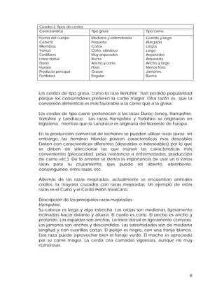 6 
Cuadro 2. Tipos de cerdos 
Característica Tipo grasa Tipo carne 
Forma del cuerpo 
Mediana y redondeada 
Cabeza 
Pequeña 
Miembros 
Cortos 
Tronco 
Corto, cilíndrico 
Costillares 
Muy arqueados 
Línea dorsal 
Recta 
Dorso 
Ancho y corto 
Huesos 
Finos 
Producto principal 
Grasas 
Fertilidad 
Regular 
Grande y larga 
Alargada 
Largos 
Largo 
Arqueados 
Arqueada 
Ancho y largo 
Menos finos 
Jamones 
Buena 
Los cerdos de tipo grasa, como la raza Berkshire han perdido popularidad 
porque los consumidores prefieren la carne magra. Otra razón es que la 
conversión alimenticia es más favorable a la carne que a la grasa. 
Los cerdos de tipo carne pertenecen a las razas Duroc-Jersey, Hampshire, 
Yorkshire y Landrace. Las razas Hampshire y Yorkshire se originaron en 
Inglaterra, mientras que la Landrace es originaria del Noroeste de Europa. 
En la producción comercial de lechones se pueden utilizar razas puras; sin 
embargo, las hembras híbridas poseen características mas deseables 
Existen con características diferentes (deseables o indeseables) por lo que 
se deben de seleccionar las que reúnan las características más 
convenientes (precocidad, peso, resistencia a enfermedades, producción 
de carne etc.). De lo anterior se deriva la importancia de usar un o varias 
razas para su cruzamiento, que puede ser abierto, absorbente, 
consanguíneo, entre razas, etc. 
Además de las razas mejoradas, actualmente se encuentran animales 
criollos, la mayoría cruzados con razas mejoradas. Un ejemplo de estas 
razas es el Cuino y el Cerdo Pelón mexicano. 
Descripción de las principales razas mejoradas 
Hampshire. 
Su cabeza es larga y algo estrecha. Las orejas son medianas, ligeramente 
inclinadas hacia delante y afuera. El cuello es corto. El pecho es ancho y 
profundo. Las espaldas son anchas. La línea dorsal es ligeramente convexa. 
Los jamones son anchos y descendidos. Las extremidades son de mediana 
longitud y con cuartillas cortas. El pelaje es negro, con una franja blanca. 
Esta raza puede aprovechar bien el forraje verde. El macho es apreciado 
por su carne magra. La cerda cría camadas vigorosas, aunque no muy 
numerosas. 
 