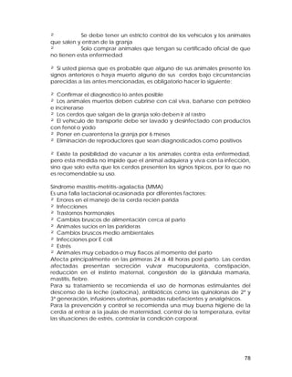 ² Se debe tener un estricto control de los vehículos y los animales 
que salen y entran de la granja 
² Solo comprar animales que tengan su certificado oficial de que 
no tienen esta enfermedad 
² Si usted piensa que es probable que alguno de sus animales presente los 
signos anteriores o haya muerto alguno de sus cerdos bajo circunstancias 
parecidas a las antes mencionadas, es obligatorio hacer lo siguiente: 
² Confirmar el diagnostico lo antes posible 
² Los animales muertos deben cubrirse con cal viva, bañarse con petróleo 
e incinerarse 
² Los cerdos que salgan de la granja solo deben ir al rastro 
² El vehículo de transporte debe ser lavado y desinfectado con productos 
con fenol o yodo 
² Poner en cuarentena la granja por 6 meses 
² Eliminación de reproductores que sean diagnosticados como positivos 
² Existe la posibilidad de vacunar a los animales contra esta enfermedad, 
pero esta medida no impide que el animal adquiera y viva con la infección, 
sino que solo evita que los cerdos presenten los signos típicos, por lo que no 
es recomendable su uso. 
Síndrome mastitis-metritis-agalactia (MMA) 
Es una falla lactacional ocasionada por diferentes factores: 
² Errores en el manejo de la cerda recién parida 
² Infecciones 
² Trastornos hormonales 
² Cambios bruscos de alimentación cerca al parto 
² Animales sucios en las parideras 
² Cambios bruscos medio ambientales 
² Infecciones por E coli 
² Estrés 
² Animales muy cebados o muy flacos al momento del parto 
Afecta principalmente en las primeras 24 a 48 horas post-parto. Las cerdas 
afectadas presentan secreción vulvar mucopurulenta, constipación, 
reducción en el instinto maternal, congestión de la glándula mamaria, 
mastitis, fiebre. 
Para su tratamiento se recomienda el uso de hormonas estimulantes del 
descenso de la leche (oxitocina), antibióticos como las quinolonas de 2ª y 
3ª generación, infusiones uterinas, pomadas rubefacientes y analgésicos. 
Para la prevención y control se recomienda una muy buena higiene de la 
cerda al entrar a la jaulas de maternidad, control de la temperatura, evitar 
las situaciones de estrés, controlar la condición corporal. 
78 
 