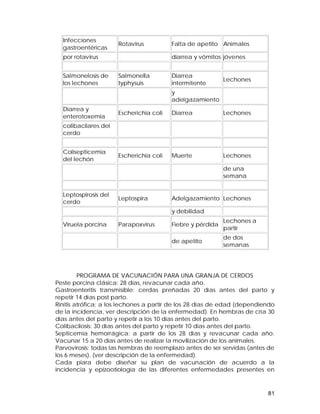 81 
Infecciones 
gastroentéricas Rotavirus Falta de apetito Animales 
por rotavirus diarrea y vómitos jóvenes 
Salmonelosis de 
los lechones 
Salmonella 
typhysuis 
Diarrea 
intermitente Lechones 
y 
adelgazamiento 
Diarrea y 
enterotoxemia Escherichia coli Diarrea Lechones 
colibacilares del 
cerdo 
Colisepticemia 
del lechón Escherichia coli Muerte Lechones 
de una 
semana 
Leptospirosis del 
cerdo Leptospira Adelgazamiento Lechones 
y debilidad 
Viruela porcina Parapoxvirus Fiebre y pérdida Lechones a 
partir 
de apetito de dos 
semanas 
PROGRAMA DE VACUNACIÓN PARA UNA GRANJA DE CERDOS 
Peste porcina clásica: 28 días, revacunar cada año. 
Gastroenteritis transmisible: cerdas preñadas 20 días antes del parto y 
repetir 14 días post parto. 
Rinitis atrófica: a los lechones a partir de los 28 días de edad (dependiendo 
de la incidencia, ver descripción de la enfermedad). En hembras de cría 30 
días antes del parto y repetir a los 10 días antes del parto. 
Colibacilosis: 30 días antes del parto y repetir 10 días antes del parto. 
Septicemia hemorrágica: a partir de los 28 días y revacunar cada año. 
Vacunar 15 a 20 días antes de realizar la movilización de los animales. 
Parvovirosis: todas las hembras de reemplazo antes de ser servidas (antes de 
los 6 meses). (ver descripción de la enfermedad). 
Cada piara debe diseñar su plan de vacunación de acuerdo a la 
incidencia y epizootiología de las diferentes enfermedades presentes en 
 