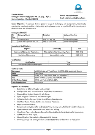 Page 1
Career Objective: To achieve desired goals by ways of challenging job assignments, learning by
maintaining excellent working relationship with colleagues, and to excel in life with commitment,
determination and perseverance.
EmploymentHistory:
Sr.
No.
Company Name Duration Last positionHeld
1. Sutra InfoTech July ’12- Sep‘14 Software Engineer
2. OrionIndiaSystemsPvt.Ltd. Sep’14 – Till date Software Engineer
Educational Qualification:
Degree University Year
Bachelor of Computer Application Tilak Maharashtra University, Pune 2009-2012
Bachelor of Commerce Mumbai University 2008-2011
Certification:
Certification Year
Salesforce Platform Developer I 2016
Technical Skills:
Languages APEX(Salesforce), Visual force,C#, HTML, CSS, JavaScript, JQuery
CRM Salesforce
RDBMS SOQL,SOSL, SQL Server2008, SQL Server2012
IDE Force.comIDE (Kepler),Visual Studio2012
Other Technologies MVC, ASP.Net,ADO.Net,JSON,
Salesforce Editions Enterprise.
Expertise in Salesforce:
 Experience of SDLC with Agile Methodology.
 Configuration and Customization at a high level of granularity.
 Standard And Custom Objects Of salesforce.
 Apex, Triggers, Controllers, Visualforce Pages.
 Validation Rules, Formula fields, Record Types, Page Layouts.
 Workflow Rules, Process Builder and Approval Processes.
 Reports and Dashboards.
 Designing Security Levels for an Org by defining Sharing rules, field and record level access.
 Apex Schedule class, Apex batch class, Apex Unit Testing.
 Visualforce Pages using Custom Controller, Standard Controller and controller extensions.
 AJAX functions in VF pages.
 Manual Sharing, Sharing Rules, Managed APEX Sharing.
 Creating Change set, Deployment on Sandbox to Sandbox and Sandbox to Production
Vaibhav Bodake
Employer- Orion India Systems Pvt. Ltd. (Exp. - 4 yrs.)
Current Location – Mumbai(400076)
Mobile :+91-9920305393
Email: vaibhavbodake@gmail.com
 