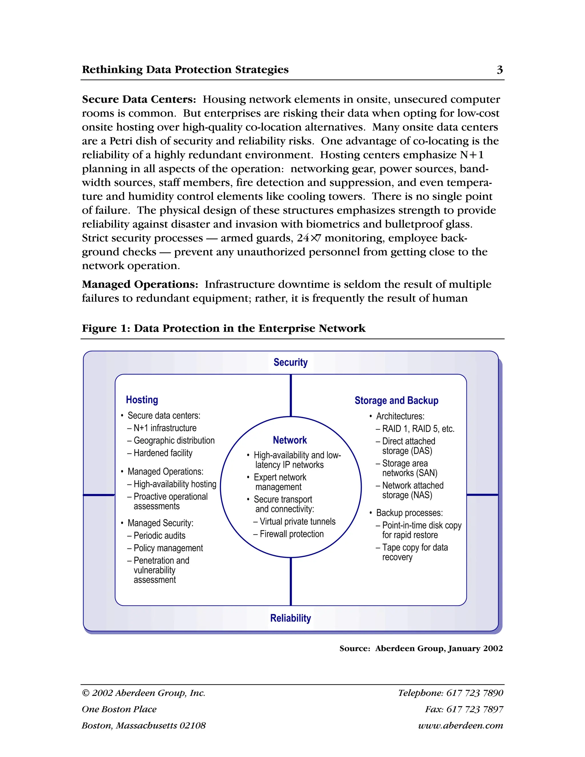 Rethinking Data Protection Strategies 3
© 2002 Aberdeen Group, Inc. Telephone: 617 723 7890
One Boston Place Fax: 617 723 7897
Boston, Massachusetts 02108 www.aberdeen.com
Secure Data Centers: Housing network elements in onsite, unsecured computer
rooms is common. But enterprises are risking their data when opting for low-cost
onsite hosting over high-quality co-location alternatives. Many onsite data centers
are a Petri dish of security and reliability risks. One advantage of co-locating is the
reliability of a highly redundant environment. Hosting centers emphasize N+1
planning in all aspects of the operation: networking gear, power sources, band-
width sources, staff members, fire detection and suppression, and even tempera-
ture and humidity control elements like cooling towers. There is no single point
of failure. The physical design of these structures emphasizes strength to provide
reliability against disaster and invasion with biometrics and bulletproof glass.
Strict security processes — armed guards, 24×
7 monitoring, employee back-
ground checks — prevent any unauthorized personnel from getting close to the
network operation.
Managed Operations: Infrastructure downtime is seldom the result of multiple
failures to redundant equipment; rather, it is frequently the result of human
Figure 1: Data Protection in the Enterprise Network
Source: Aberdeen Group, January 2002
 