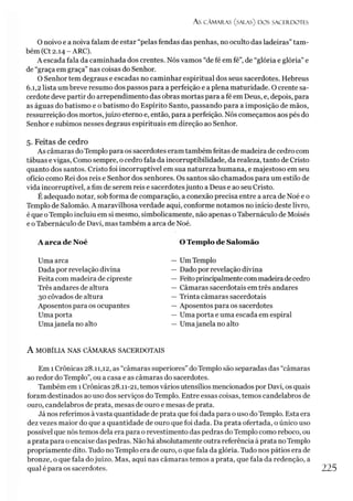 As CÂMARAS (SALAS) DOS SACERDOTES
O noivo e a noiva falam de estar “pelas fendas das penhas, no oculto das ladeiras”tam­
bém (Ct 2.14 - ARC).
A escada fala da caminhada dos crentes. Nós vamos “de fé em fé”, de “glória e glória” e
de “graça em graça”nas coisas do Senhor.
O Senhor tem degraus e escadas no caminhar espiritual dos seus sacerdotes. Hebreus
6.1,2 lista um breve resumo dos passos para a perfeição e a plena maturidade. O crente sa­
cerdote deve partir do arrependimento das obras mortas para a fé em Deus, e, depois, para
as águas do batismo e o batismo do Espírito Santo, passando para a imposição de mãos,
ressurreição dos mortos,juízo eterno e, então, para a perfeição. Nós começamos aos pés do
Senhor e subimos nesses degraus espirituais em direção ao Senhor.
5. Feitas de cedro
As câmaras do Templo para os sacerdotes eram também feitas de madeira de cedro com
tábuas e vigas, Como sempre, o cedro fala da incorruptibilidade, da realeza, tanto de Cristo
quanto dos santos. Cristo foi incorruptível em sua natureza humana, e majestoso em seu
ofício como Rei dos reis e Senhor dos senhores. Os santos são chamados para um estilo de
vida incorruptível, a fim de serem reis e sacerdotesjunto a Deus e ao seu Cristo.
É adequado notar, sob forma de comparação, a conexão precisa entre a arca de Noé e o
Templo de Salomão. A maravilhosa verdade aqui, conforme notamos no início deste livro,
é que oTemplo incluiu em si mesmo, simbolicamente, não apenas oTabernáculo de Moisés
e oTabernáculo de Davi, mas também a arca de Noé.
A arca de Noé O Templo de Salomão
Uma arca
Dada por revelação divina
Feita com madeira de cipreste
Três andares de altura
30 côvados de altura
Aposentos para os ocupantes
Uma porta
Umajanela no alto
— UmTemplo
— Dado por revelação divina
— Feitoprincipalmentecommadeiradecedro
— Câmaras sacerdotais em três andares
— Trinta câmaras sacerdotais
— Aposentos para os sacerdotes
— Uma porta e uma escada em espiral
— Umajanelanoalto
A MOBÍLIA NAS CÂMARAS SACERDOTAIS
Em 1Crônicas 28.11,12, as “câmaras superiores” do Templo são separadas das “câmaras
ao redor do Templo”, ou a casa e as câmaras do sacerdotes.
Também em 1Crônicas 28.11-21, temosvários utensílios mencionados por Davi, os quais
foram destinados ao uso dos serviços do Templo. Entre essas coisas, temos candelabros de
ouro, candelabros de prata, mesas de ouro e mesas de prata.
Já nos referimos àvasta quantidade de prata que foi dada para o uso do Templo. Esta era
dez vezes maior do que a quantidade de ouro que foi dada. Da prata ofertada, o único uso
possível que nós temos dela era para o revestimento das pedras do Templo como reboco, ou
aprata para o encaixe das pedras. Não há absolutamente outra referência à prata noTemplo
propriamente dito. Tudo no Templo era de ouro, o que fala da glória. Tíido nos pátios era de
bronze, o que fala dojuízo. Mas, aqui nas câmaras temos a prata, que fala da redenção, a
qual é para os sacerdotes. 225
 