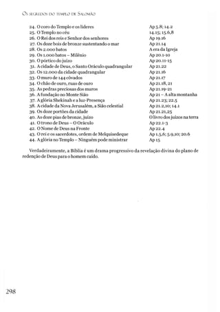 OS SEGREDOS D O TEMPLO DE SALO M ÃO
24. O coro do Templo e os líderes
25. O Templo no céu
26. O Rei dos reis e Senhor dos senhores
27. Os doze bois de bronze sustentando o mar
28. Os 2.000 batos
29. Os 1.000 batos - Milênio
30. O pórtico dojuízo
31. A cidade de Deus, o Santo Oráculo quadrangular
32. Os 12.000 da cidade quadrangular
33. O muro de 144 côvados
34. O chão de ouro, ruas de ouro
35. As pedras preciosas dos muros
36. A fundação no Monte Sião
37. A glória Shekinah e a luz-Presença
38. A cidade da Nova Jerusalém, a Sião celestial
39. Os doze portões da cidade
40. As doze pias debronze,juízo
41. O trono de Deus - O Oráculo
42. O Nome de Deus na Fronte
43. O rei e os sacerdotes, ordem de Melquisedeque
44. A glória no Templo - Ninguém pode ministrar
Ap5.8; 14.2
14.15; 15.6,8
Ap 19.16
Ap 21.14
A era da Igreja
Ap 20.1-10
Ap 20.11-15
Ap 21.22
Ap 21.16
Ap 21.17
Ap 21.18,21
Ap 21.19-21
Ap 21 - A alta montanha
Ap 21.23; 22.5
Ap 21.2,10; 14.1
Ap 21.21,25
Olivro dosjuízos na terra
Ap 22.1-3
Ap22-4
Ap 1.5,6; 5.9,10; 20.6
Ap 15
Verdadeiramente, a Bíblia é um drama progressivo da revelação divina do plano de
redenção de Deus para o homem caído.
2 9 8
 