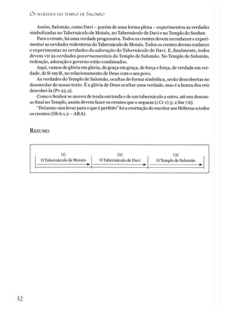 Os SEGREDOS D O TEMPLO DE SALO M ÃO
Assim, Salomão, como Davi - porém de uma forma plena - experimentou as verdades
simbolizadas no Tabernáculo de Moisés, no Tabernáculo de Davi e no Templo do Senhor.
Para ocrente, há uma verdade progressiva. Todos os crentes devem reconhecer e experi­
mentar as verdades redentoras doTabernáculo de Moisés. Todos os crentes devem conhecer
e experimentar as verdades da adoração do Tabernáculo de Davi. E, finalmente, todos
devem vir às verdades governamentais do Templo de Salomão. No Templo de Salomão,
redenção, adoração e governo estão combinados.
Aqui, vamos de glória em glória, de graça em graça, de força e força, deverdade emver­
dade, de fé em fé, no relacionamento de Deus com o seu povo.
As verdades do Templo de Salomão, ocultas de forma simbólica, serão descobertas no
desenrolar do nosso texto. É a glória de Deus ocultar uma verdade, mas é a honra dos reis
descobri-la (Pv 25.2).
Como oSenhor se moveu de tenda em tenda e de um tabernáculo aoutro, até seu descan­
so final no Templo, assim devem fazer os crentes que o seguem (1 Cr 17.5; 2 Sm 7.6).
“Deixemo-noslevar para oque é perfeito”foi a exortação do escritor aos Hebreus atodos
os crentes (Hb 6.1,2 - ARA).
R esumo
32
 