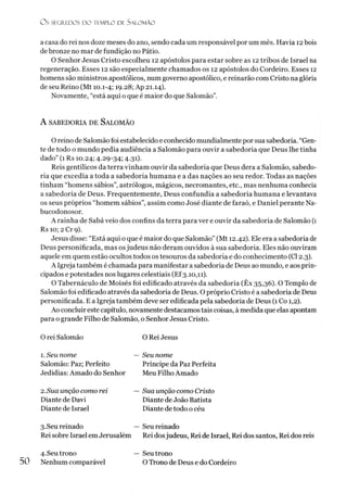 O S SEGREDOS D O TEMPLO DE S ALO M ÃO
a casa do rei nos doze meses do ano, sendo cada um responsável por um mês. Havia 12bois
de bronze no mar de fundição no Pátio.
O Senhor Jesus Cristo escolheu 12 apóstolos para estar sobre as 12 tribos de Israel na
regeneração. Esses 12 são especialmente chamados os 12 apóstolos do Cordeiro. Esses 12
homens são ministros apostólicos, num governo apostólico, e reinarão com Cristo na glória
de seu Reino (Mt 10.1-4; 19.28; Ap 21.14).
Novamente, “está aqui o que é maior do que Salomão”.
A SABEDORIA DE SALOMÃO
O reino de Salomão foi estabelecido e conhecido mundialmente porsua sabedoria. “Gen­
te de todo o mundo pedia audiência a Salomão para ouvir a sabedoria que Deus lhe tinha
dado” (1 Rs 10.24; 4-29-34;4.31).
Reis gentílicos da terra vinham ouvir da sabedoria que Deus dera a Salomão, sabedo­
ria que excedia a toda a sabedoria humana e a das nações ao seu redor. Todas as nações
tinham “homens sábios”, astrólogos, mágicos, necromantes, etc., mas nenhuma conhecia
a sabedoria de Deus. Frequentemente, Deus confundia a sabedoria humana e levantava
os seus próprios “homem sábios”, assim como José diante de faraó, e Daniel perante Na-
bucodonosor.
A rainha de Sabá veio dos confins da terra para ver e ouvir da sabedoria de Salomão (1
Rs 10; 2 Cr 9).
Jesus disse: “Está aqui o que é maior do que Salomão” (Mt 12.42). Ele era a sabedoria de
Deus personificada, mas osjudeus não deram ouvidos à sua sabedoria. Eles não ouviram
aquele em quem estão ocultos todos os tesouros da sabedoria e do conhecimento (Cl 2.3).
A Igreja também é chamada para manifestar a sabedoria de Deus ao mundo, e aos prin­
cipados epotestades nos lugares celestiais (Ef3.10,11).
O Tabernáculo de Moisés foi edificado através da sabedoria (Êx 35,36). O Templo de
Salomão foi edificado através da sabedoria de Deus. O próprio Cristo é a sabedoria de Deus
personificada. E a Igreja também deve ser edificada pela sabedoria de Deus (1Co 1,2).
Ao concluireste capítulo, novamente destacamos tais coisas, à medida que elas apontam
para o grande Filho de Salomão, o Senhor Jesus Cristo.
O rei Salomão O Rei Jesus
1. Seu nome — Seu nome
Salomão: Paz; Perfeito Príncipe da Paz Perfeita
Jedidias: Amado do Senhor Meu Filho Amado
2.Sua unção como rei — Sua unção como Cristo
Diante de Davi Diante deJoão Batista
Diante de Israel Diante detodo o céu
3.Seu reinado — Seu reinado
Rei sobre Israel emJerusalém Rei dosjudeus, Rei de Israel, Rei dos santos, Rei dos reis
4.Seu trono — Seu trono
50 Nenhum comparável O Trono de Deus e do Cordeiro
 