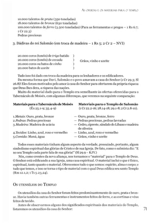 As OFERTAS E OS /MATERIAIS PARA O TEMPLO
10.000 talentos de prata (350 toneladas)
18.000 talentos de bronze (630 toneladas)
100.000 talentos deferro (3.500 toneladas) (Para as ferramentas e pregos - 1 Rs 6.7;
1 Cr 22.3)
Pedras preciosas
3. Dádivas do rei Salomão (em troca de madeira - 1 Rs 5; 2 Cr 2 - NVI)
20.000 coros (tonéis) de trigo batido )
20.000 coros (tonéis) de cevada ) Grãos, vinho e azeite
20.000 coros oubatos de vinho )
20.000 batos de azeite )
Tudo isso foi dado em troca da madeira para os lenhadores e os edificadores.
Da mesma forma que Davi, Salomão e o povo amavam a casa do Senhor (1 Cr 29.3; SI
26.8)! Eles foram motivados pelo amor à casa do Senhor para ofertarem da própria riqueza
que Deus lhes dera, a riqueza das nações.
Muito do material dado para o Templo era semelhante às ofertas oferecidas para o
Tabernáculo de Moisés, com algumas diferenças, que veremos na seguinte comparação:
Materiais para o Tabernáculo de Moisés
(Êx 25.1-9; 35.4-9)
1.Metais: Ouro, prata, bronze
2. Pedras: Pedras preciosas
3. Madeira: Madeira de acácia4
5
4. Tecidos: Linho, azul, roxo e vermelho
5. Comida: Maná, água
Materiais para o Templo de Salomão
(1Cr 22.2-16; 28.14-18; 29.1-8; 2Cr 2.8-10).
— Ouro, prata, bronze, ferro
— Pedras preciosas, pedras lavradas
— Cedro, cipreste, sândalo do Líbano e madeira
de oliveira
— Linho, azul, roxo e vermelho
— Grãos, vinho e azeite
Todos esses materiais tinham algum aspecto da verdade, possuindo, portanto, algum
simbolismo espiritual das glórias de Cristo e de sua Igreja. De fato, como o salmista diz: “E
no seu Templo cada parte fala de sua glória!” (SI 29.9 - KJV.)
Nós, como crentes da nova aliança, nos tornamos o “material”para o Templo de Deus.
O Senhor está edificando a sua Igreja, uma casa espiritual. O material inclui o que é físico,
espiritual, tanto quanto o material. Oferecemos tudo o que somos: espírito, alma e corpo; e
tudo que temos, e isso se torna otipo de material com o qual Deus edifica seu santo Templo
(Rm 12.1,2; 1Ts 5.23,24).
OS UTENSÍLIOS DO TEMPLO
Os utensílios da casa do Senhor foram feitos predominantemente de ouro, prata e bron­
ze. Havia também outras ferramentas e instrumentos feitos de ferro, e as cortinas e véus
feitos de tecido.
Antes de observarmos alguns dos significados espirituais dos materiais do Templo,
listaremos os utensílios da casa do Senhor: 71
 