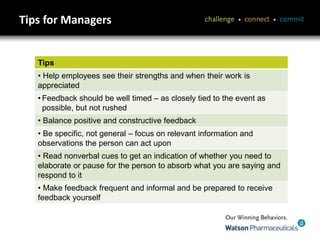 Tips for Managers
Tips
• Help employees see their strengths and when their work is
appreciated
• Feedback should be well timed – as closely tied to the event as
possible, but not rushed
• Balance positive and constructive feedback
• Be specific, not general – focus on relevant information and
observations the person can act upon
• Read nonverbal cues to get an indication of whether you need to
elaborate or pause for the person to absorb what you are saying and
respond to it
• Make feedback frequent and informal and be prepared to receive
feedback yourself
 