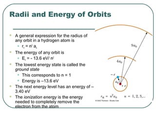 Radii and Energy of Orbits
 A general expression for the radius of
any orbit in a hydrogen atom is
• rn = n2
ao
 The energy of any orbit is
• En = - 13.6 eV/ n2
 The lowest energy state is called the
ground state
• This corresponds to n = 1
• Energy is –13.6 eV
 The next energy level has an energy of –
3.40 eV
 The ionization energy is the energy
needed to completely remove the
electron from the atom
 