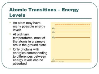 Atomic Transitions – Energy
Levels
 An atom may have
many possible energy
levels
 At ordinary
temperatures, most of
the atoms in a sample
are in the ground state
 Only photons with
energies corresponding
to differences between
energy levels can be
absorbed
 