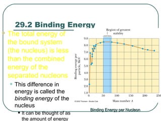 29.2 Binding Energy
 The total energy of
the bound system
(the nucleus) is less
than the combined
energy of the
separated nucleons
• This difference in
energy is called the
binding energy of the
nucleus
• It can be thought of as
the amount of energy
Binding Energy per NucleonBinding Energy per Nucleon
 