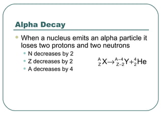 Alpha Decay
 When a nucleus emits an alpha particle it
loses two protons and two neutrons
• N decreases by 2
• Z decreases by 2
• A decreases by 4
HeYX 4
2
4A
2Z
A
Z +→ −
−
 