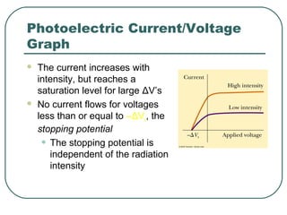 Photoelectric Current/Voltage
Graph
 The current increases with
intensity, but reaches a
saturation level for large ΔV’s
 No current flows for voltages
less than or equal to –ΔVs, the
stopping potential
• The stopping potential is
independent of the radiation
intensity
 