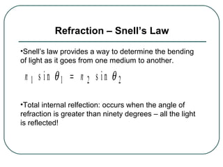 Refraction – Snell’s Law
•Snell’s law provides a way to determine the bending
of light as it goes from one medium to another.
•Total internal relfection: occurs when the angle of
refraction is greater than ninety degrees – all the light
is reflected!
n n1 1 2 2s i n s i nθ θ=
 