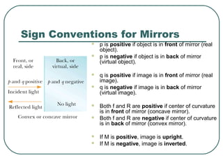 Sign Conventions for Mirrors
 p is positive if object is in front of mirror (real
object).
 p is negative if object is in back of mirror
(virtual object).
 q is positive if image is in front of mirror (real
image).
 q is negative if image is in back of mirror
(virtual image).
 Both f and R are positive if center of curvature
is in front of mirror (concave mirror).
 Both f and R are negative if center of curvature
is in back of mirror (convex mirror).
 If M is positive, image is upright.
 If M is negative, image is inverted.
 