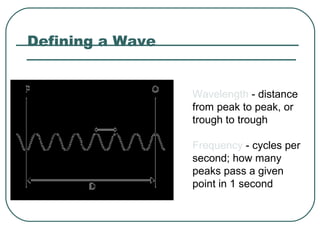 Defining a Wave
Wavelength - distance
from peak to peak, or
trough to trough
Frequency - cycles per
second; how many
peaks pass a given
point in 1 second
 