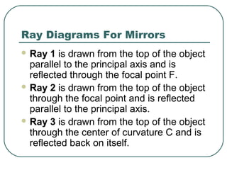 Ray Diagrams For Mirrors
 Ray 1 is drawn from the top of the object
parallel to the principal axis and is
reflected through the focal point F.
 Ray 2 is drawn from the top of the object
through the focal point and is reflected
parallel to the principal axis.
 Ray 3 is drawn from the top of the object
through the center of curvature C and is
reflected back on itself.
 