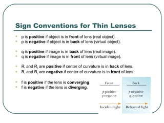 Sign Conventions for Thin Lenses
 p is positive if object is in front of lens (real object).
 p is negative if object is in back of lens (virtual object).
 q is positive if image is in back of lens (real image).
 q is negative if image is in front of lens (virtual image).
 R1 and R2 are positive if center of curvature is in back of lens.
 R1 and R2 are negative if center of curvature is in front of lens.
 f is positive if the lens is converging.
 f is negative if the lens is diverging.
 