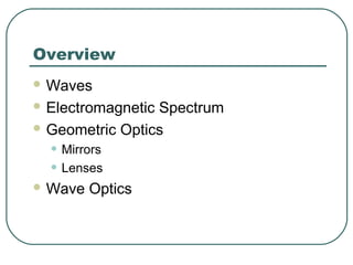Overview
 Waves
 Electromagnetic Spectrum
 Geometric Optics
• Mirrors
• Lenses
 Wave Optics
 