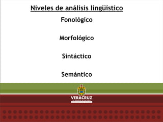 Niveles de análisis lingüístico
Fonológico
Morfológico
Sintáctico
Semántico
 
