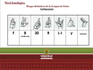 Configuración
Nivel fonológico
Rasgos distintivos de la Lengua de Señas
F 8
modificada
30 R L-I y Doblada
 