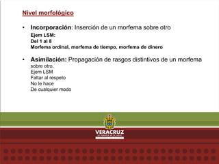 Nivel morfológico
• Incorporación: Inserción de un morfema sobre otro
Ejem LSM:
Del 1 al 8
Morfema ordinal, morfema de tiempo, morfema de dinero
• Asimilación: Propagación de rasgos distintivos de un morfema
sobre otro.
Ejem LSM
Faltar al respeto
No le hace
De cualquier modo
 