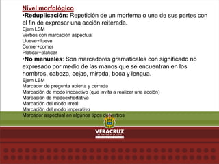 Nivel morfológico
•Reduplicación: Repetición de un morfema o una de sus partes con
el fin de expresar una acción reiterada.
Ejem LSM
Verbos con marcación aspectual
Llueve+llueve
Comer+comer
Platicar+platicar
•No manuales: Son marcadores gramaticales con significado no
expresado por medio de las manos que se encuentran en los
hombros, cabeza, cejas, mirada, boca y lengua.
Ejem LSM
Marcador de pregunta abierta y cerrada
Marcación de modo incoactivo (que invita a realizar una acción)
Marcación de modoexhortativo
Marcación del modo irreal
Marcación del modo imperativo
Marcador aspectual en algunos tipos de verbos
 