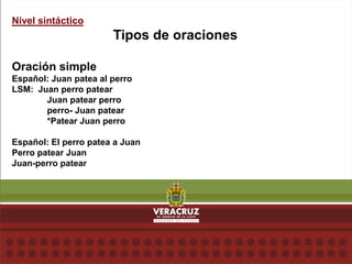 Nivel sintáctico
Tipos de oraciones
Oración simple
Español: Juan patea al perro
LSM: Juan perro patear
Juan patear perro
perro- Juan patear
*Patear Juan perro
Español: El perro patea a Juan
Perro patear Juan
Juan-perro patear
 